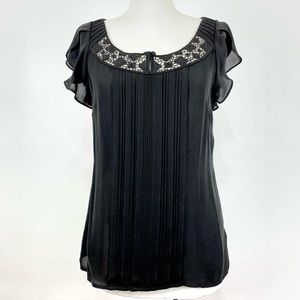 White House Black Market    USED 
Black Frill Pleated Blouse     Size XS